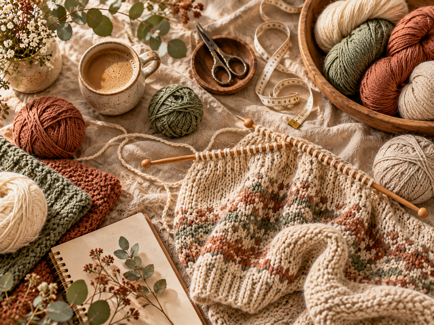 Knitting materials, yarn and tools arranged in a warm creative setting