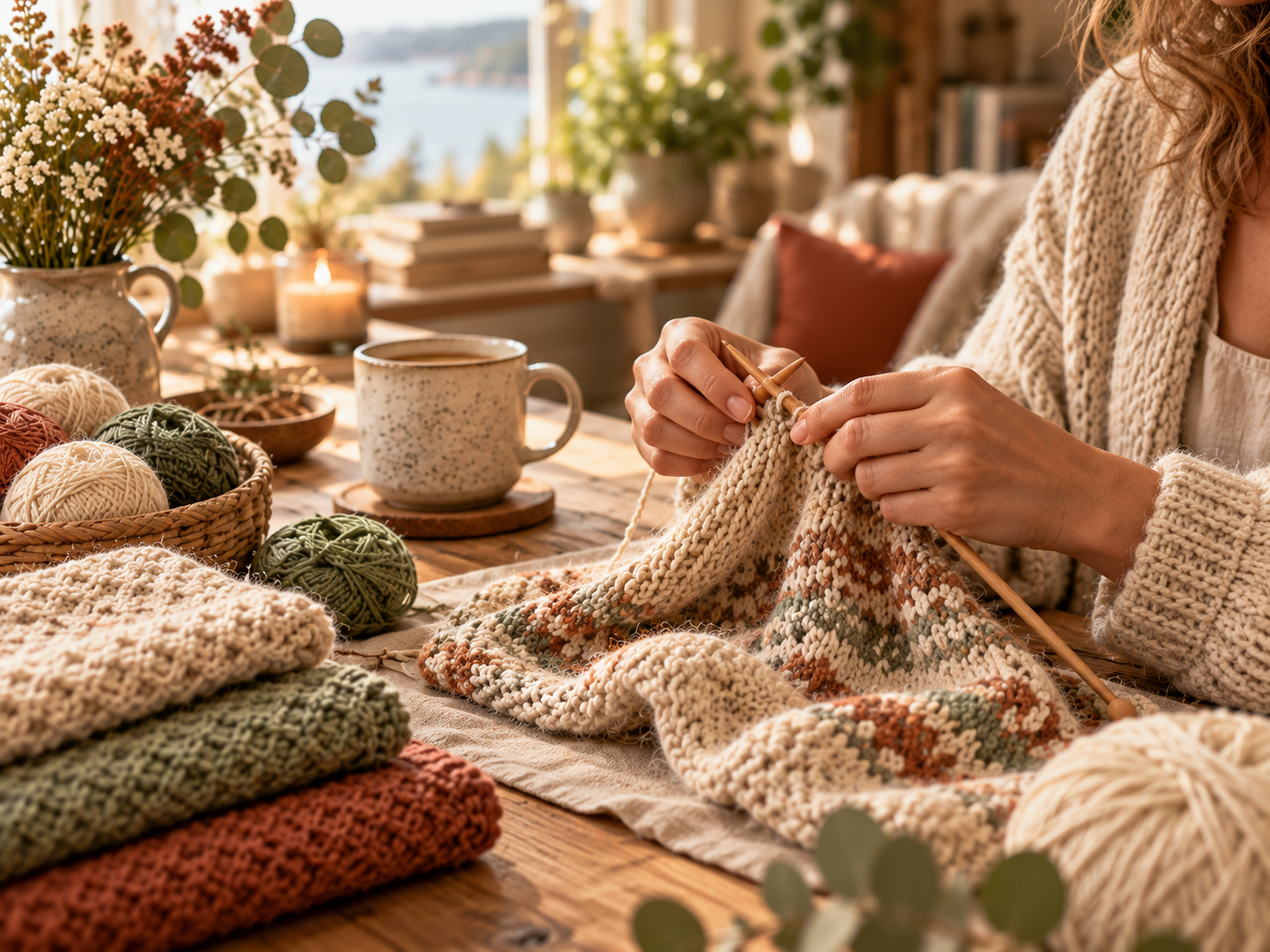 Hands knitting a handmade project with natural yarn