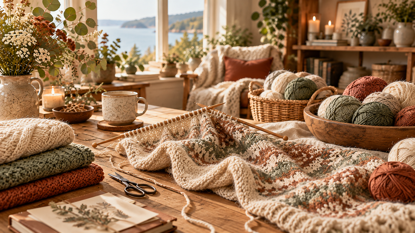 Warm knitting studio with yarn, needles and handmade textiles