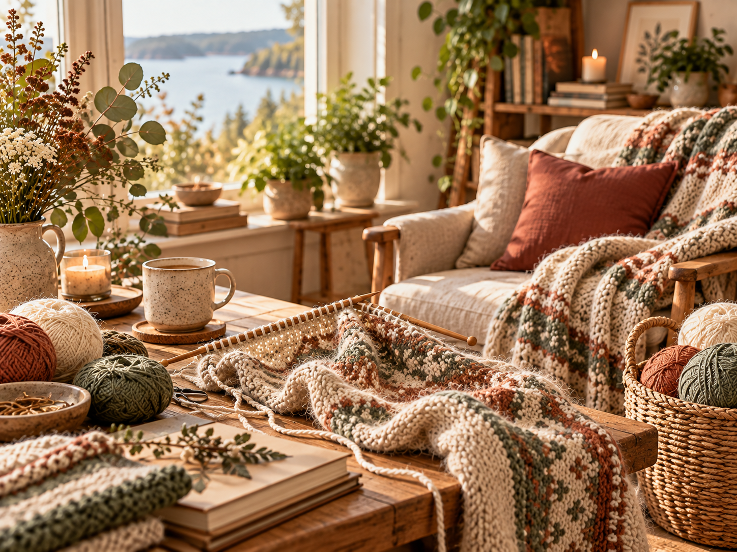 Cozy handmade knitting corner with yarn and knitted textiles
